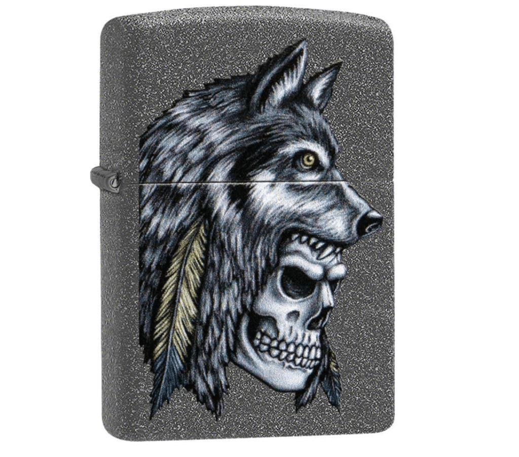 Zippo Lighter: Wolf Skull Feather Design