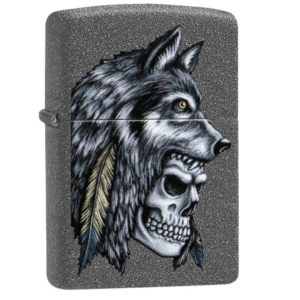 Zippo Lighter: Wolf Skull Feather Design