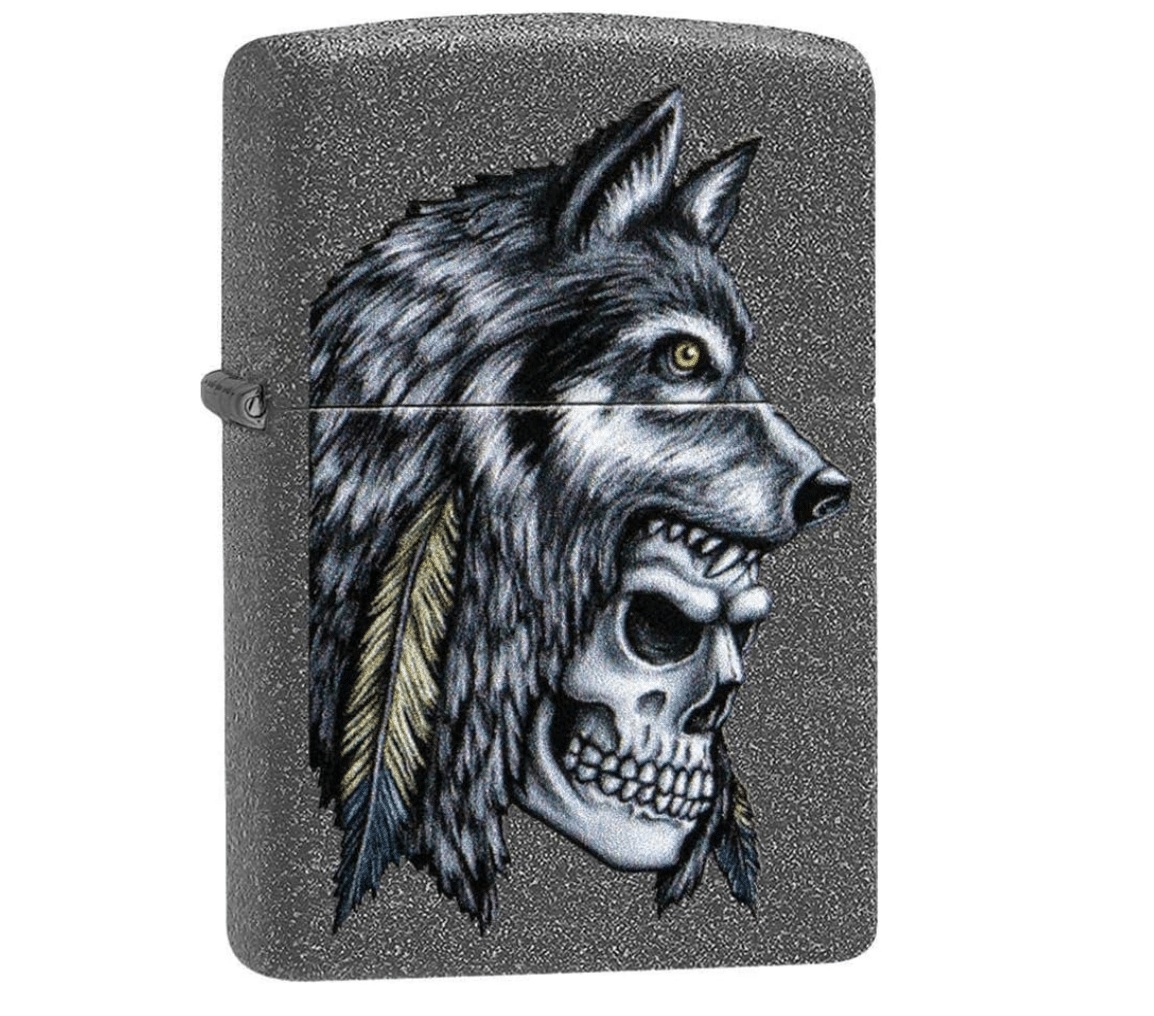 Zippo Lighter: Wolf Skull Feather Design